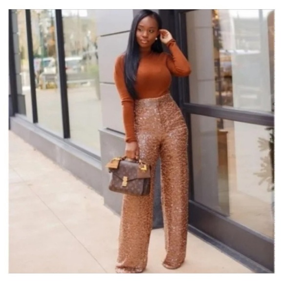 Zara women NWT long light brown/tan sequin pants. Ref: 7901/265 size: medium - Picture 6 of 7